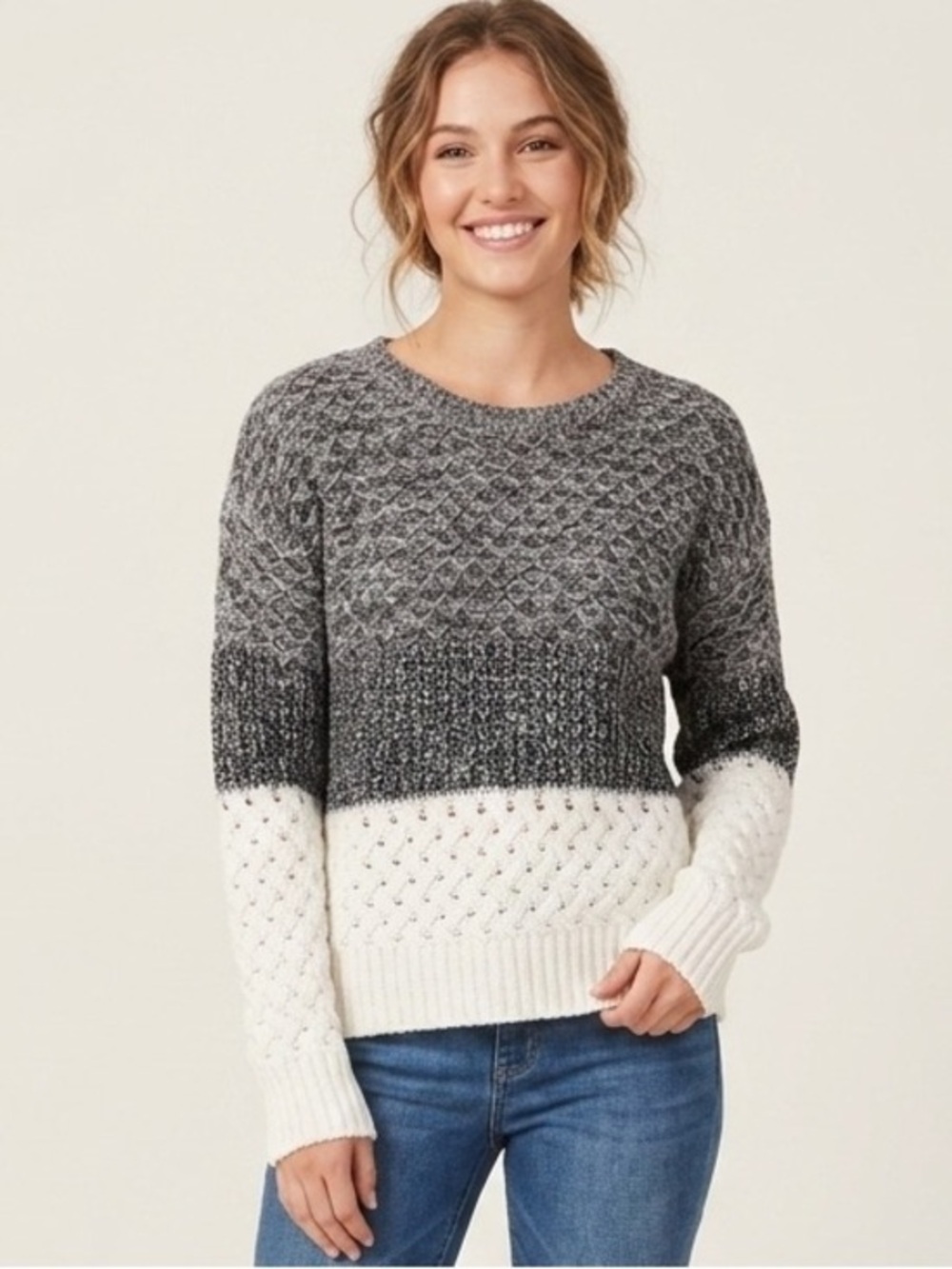 VS Gray Black Ivory Colorblock Chunky Knit Sweater Mohair Wool Blend Size Large